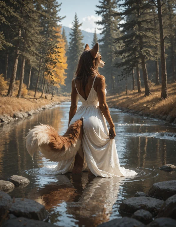 Trees, River, In Water, Wading, Dress, Fluffy Tail, Outdoors...