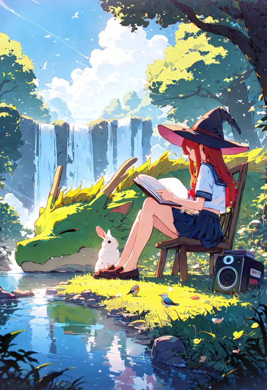 Anime Style Illustration Of A Young Witch With Long Red Hair...
