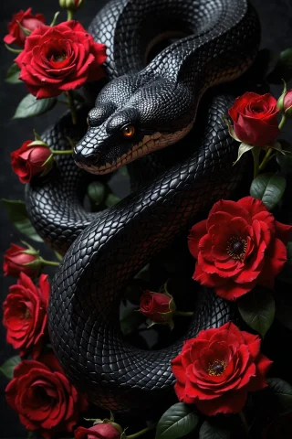 A Striking Black Snake With Shimmering Scales, Surrounded By... — FLUX AI Prompt: A striking black snake with shimmering scales, surrounded by vibrant red roses i...