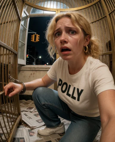 Terrorist Woman in Gilded Cage Prompt — Stable Diffusion AI Prompt: cinematic film still Photorealistic photograph of a terrified woman with medium-...