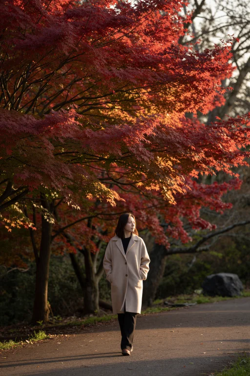 A Woman Walks Alone Along A Path Beneath A Canopy Of Vivid R...