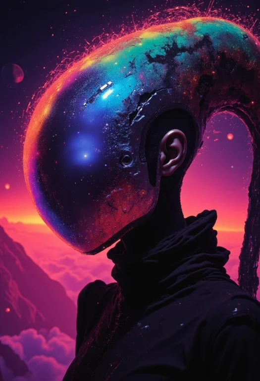 A Vintage Sci-fi Head Photo Featuring A Surreal, Abstract Bu...