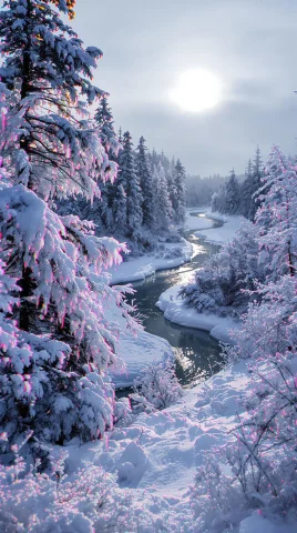 A Remote, Deep Forest Where The Trees Are Frozen Under A Thi... — FLUX AI Prompt: A remote, deep forest where the trees are frozen under a thick layer of frost. T...