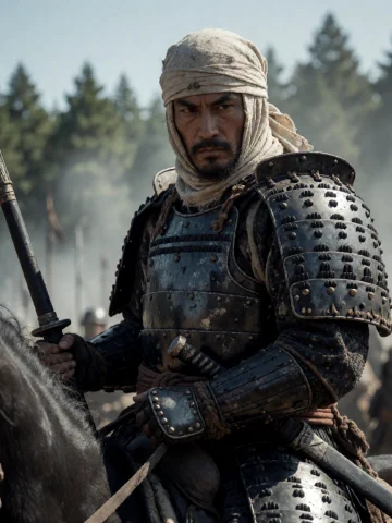 Cinematic Japanese Daimyo Commander — Stable Diffusion AI Prompt: A realistic cinematic movie still of an intimidating Japanese Daimyo commander o...
