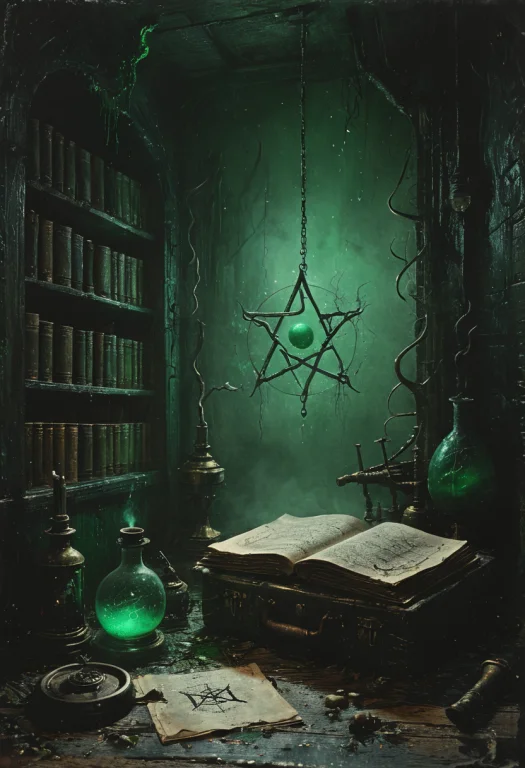 Eldritch Laboratory, Ancient Books, Arcane Symbols, Bubbling...