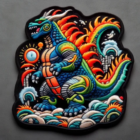 An Embroidered Patch Of Godzilla Being Carried By The Back B... — SDXL AI Prompt: an embroidered patch of Godzilla being carried by the back by Mothra, ral-embroi...