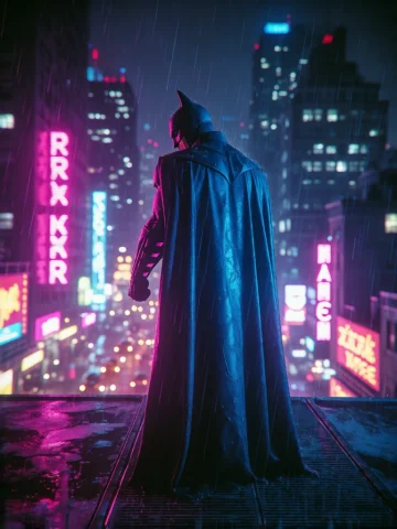 Digital Artwork Depicting Batman Standing On A Rooftop In A... — Stable Diffusion AI Prompt: Digital artwork depicting Batman standing on a rooftop in a neon-lit, rain-soake...