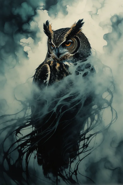 Yfgliqd Style, A Great Horned Owl, Wrapped In Drifting Layer...