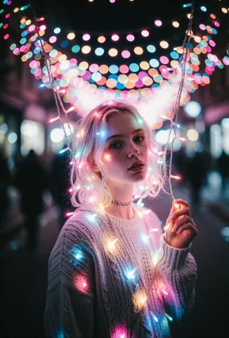 Stunning Night Portrait Prompt — Stable Diffusion AI Prompt: A dreamy, bokeh-rich night portrait in the vibrant string-light style of Brandon...