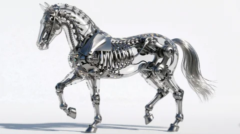 A Transparent Biomechanical Horse Mid-stride Against A Pure... — Stable Diffusion AI Prompt: A transparent biomechanical horse mid-stride against a pure white background. A...