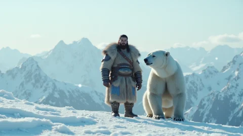 Cinematic Warrior and Bear — FLUX AI Prompt: A cinematic wide shot of a rugged warrior clad in ancient fur armor standing bes...