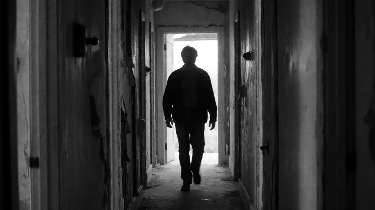 Mmnt2000, A Lone Figure Walks Down A Narrow, Decaying Hallwa...