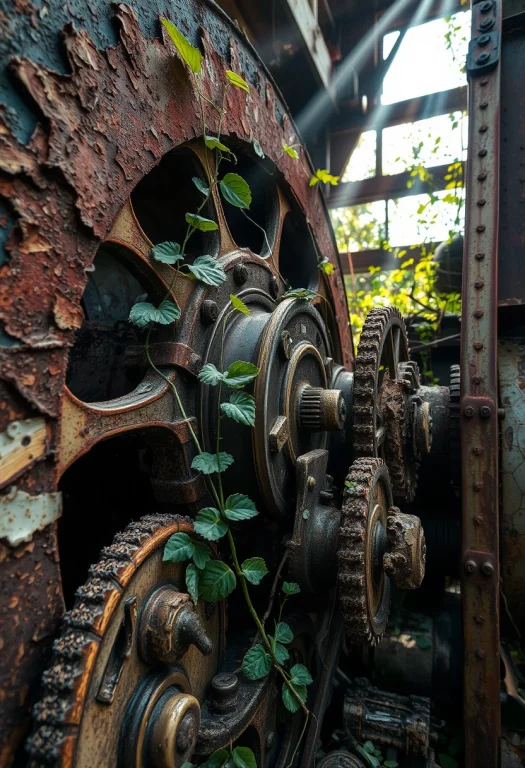 A Detailed View Of Abandoned Industrial Machinery Being Recl...