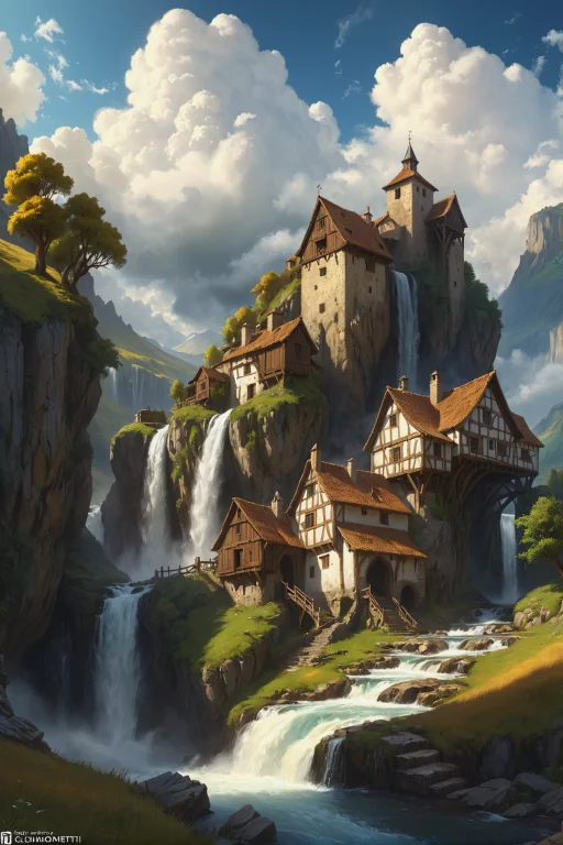 A Beautiful Rendition Of A Small Medieval Hamlet In The Moun...