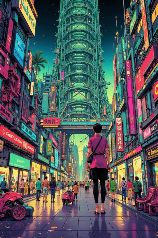 A Cyberpunk Futuristic Mall Beautiful Landscape, Wind, Woman...