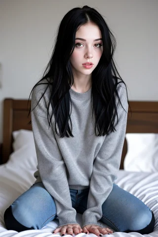 Alana Sits On A Bed In A Grey Sweater And Jeans, Long Black... — Stable Diffusion AI Prompt: Alana sits on a bed in a grey sweater and jeans, long black hair, pale skin, dar...