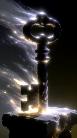 A Heavy Iron Key Rests On A Stone Plinth, Glowing From The M... — Stable Diffusion AI Prompt: A heavy iron key rests on a stone plinth, glowing from the metal edges in bursts...