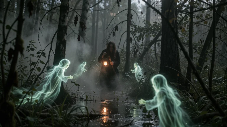 A Misty Swamp At Night, Will-o-wisps Drifting Between Dead T...