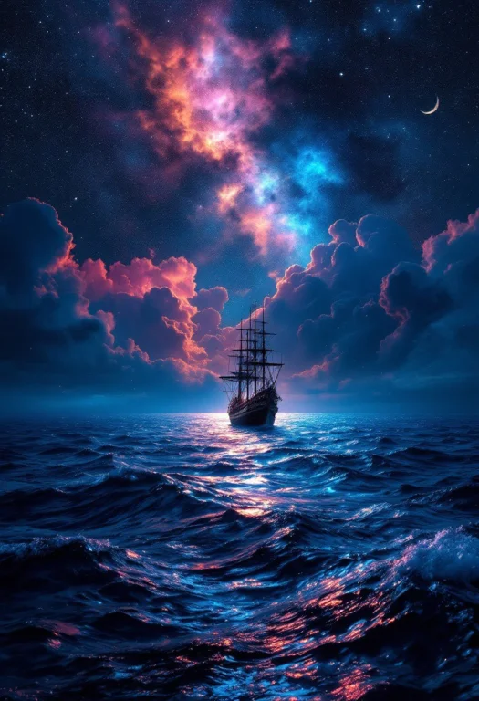 A Breathtaking Cinematic Shot Of A Celestial Seascape, Where...
