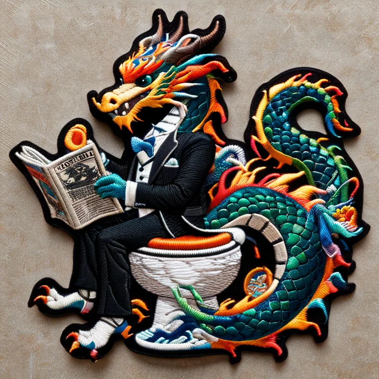 Ral-embroideredpatch, A Dragon In A Tuxedo Sitting On A Toil...