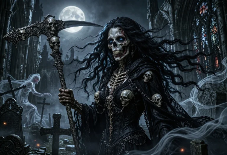 Dark Gothic Scene Of A Female Death Figure Standing In A Rui...