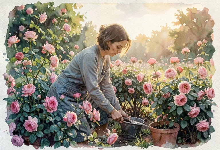 A Gardener Tending Roses In Early Morning Light, Watercolor...