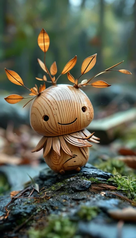 Little Cute Wood Kodama Spirit Creature, Long Wooden Petals...