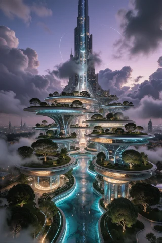 Supergroundview, A Towering Futuristic Spire City Descends T... — Stable Diffusion AI Prompt: supergroundview, A towering futuristic spire city descends through stacked holog...