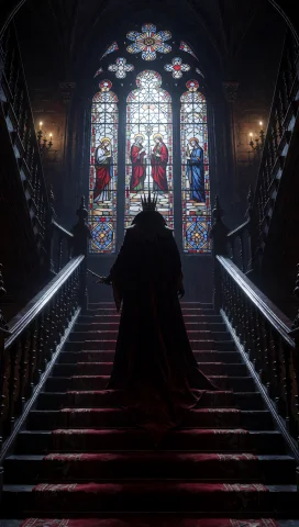 36. Gothic Vampire Lord, Victorian Grand Staircase, Crimson... — Stable Diffusion AI Prompt: 36. Gothic vampire lord, victorian grand staircase, crimson carpets, towering st...
