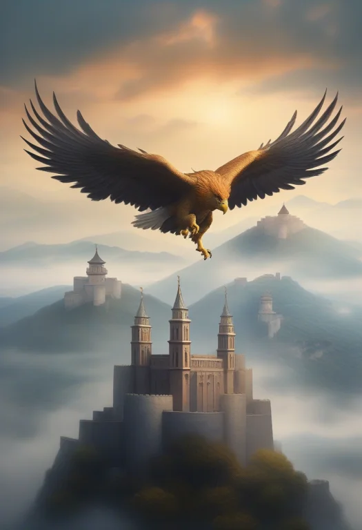 A Griffin Circling Above A Walled Mountain City, Symmetrical...