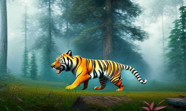 A Tiger Running In Forest, Castle Faraway In The Horizon, Ca...