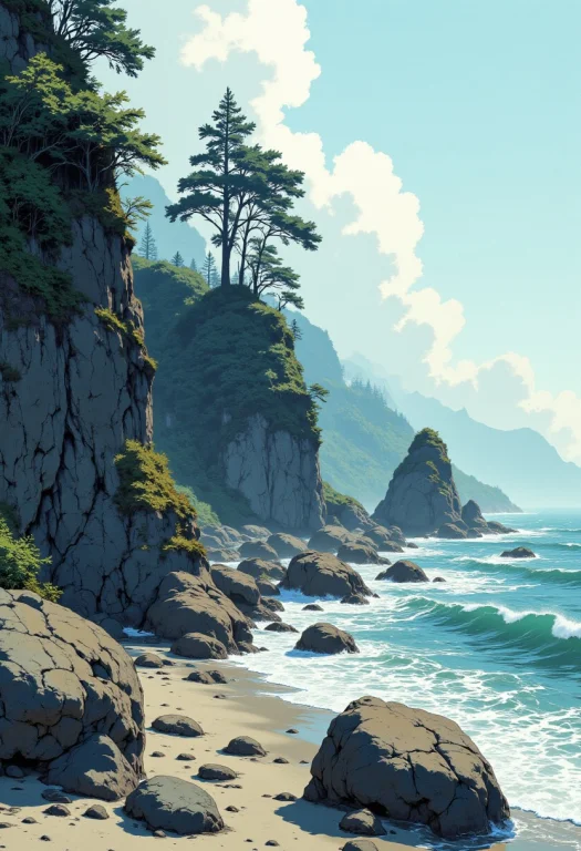 Image Of A Rugged Coastline Of Eroded Rocks, Windswept Beach...