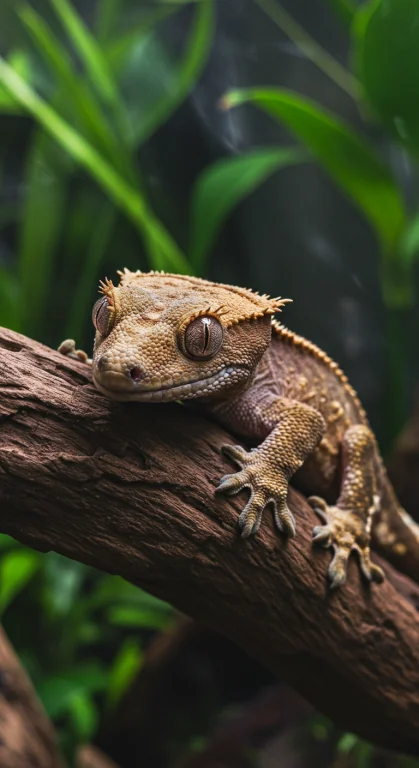 A Photorealistic Close-up Of A Crested Gecko Perched On A Pi...