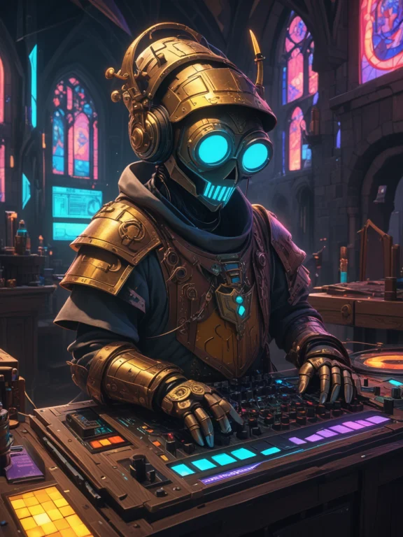 Novel Medieval Cyberpunk, Hurdy-gurdy, Robotic Medieval Dj,...