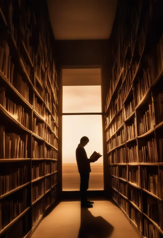 A Bookseller Reading Among Towering Shelves, Cinematic Photo...