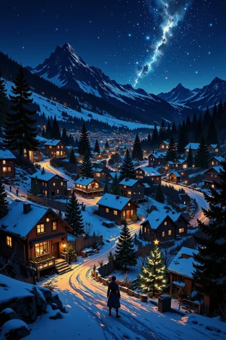 A Village At Christmas Beautiful Landscape, Bright Luminous... — Stable Diffusion AI Prompt: a village at christmas beautiful landscape, bright luminous night, woman, very i...