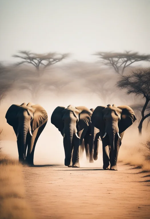 An Elephant Herd Walking A Dusty Savanna Trail, Grainy Film...
