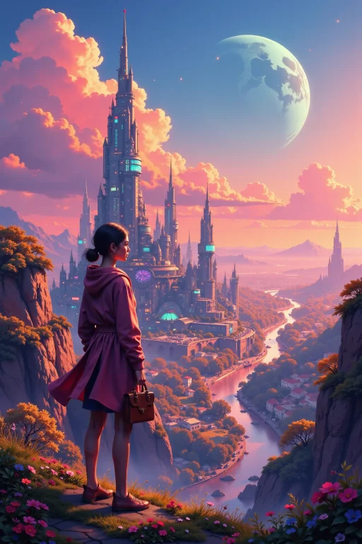A Futuristic Planetary City Beautiful Landscape, Dusk, Woman...