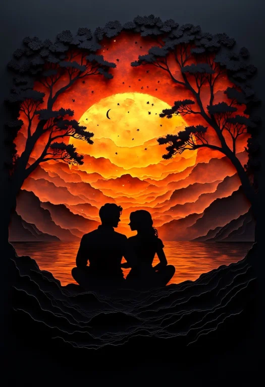 Papercut Art Style, Two Silhouetted Figures, Possibly A Coup...