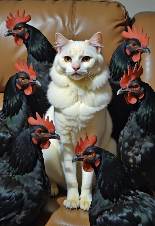 A Close-up Portrait Of A White Cat On A Couch, Surrounded By...