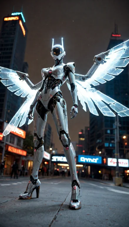 4n1m3rg3, A Cybernetic Angel Hovers Over A Neon-lit Cityscap...