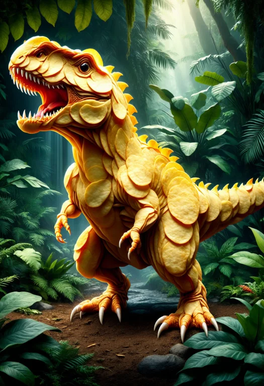 Majestic Dinosaur, Ancient Scales, Fierce Gaze, Lush Jungle...