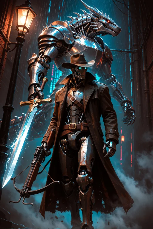A Weathered Robotic Warforged Detective Stands Under The Glo...