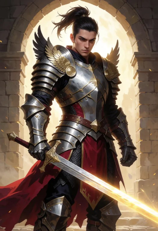 A Warrior In Fantastical Stylized Armor With Winged Pauldron...
