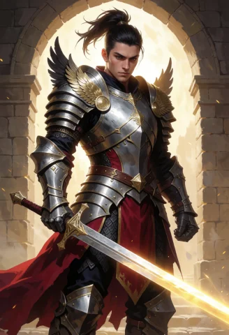 A Warrior In Fantastical Stylized Armor With Winged Pauldron... — Stable Diffusion AI Prompt: A warrior in fantastical stylized armor with winged pauldrons and a glowing swor...