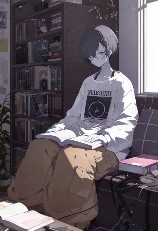 Black Hair,flat Chest,short Hair,glasses,baggy Shirt,baggy P...