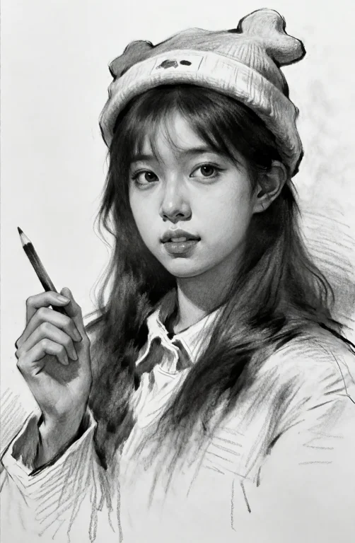 Sketchportrait, 1girl, Realistic, Monochrome, Solo, Greyscal...