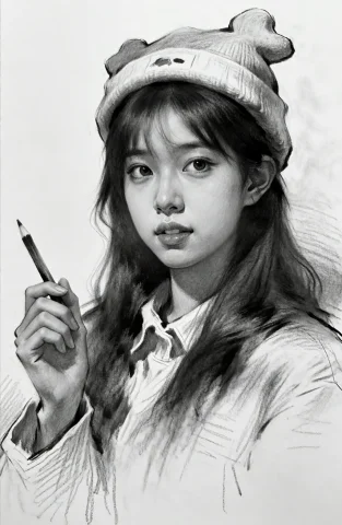 Sketch Portrait Diffusion Free — Stable Diffusion AI Prompt: sketch_portrait, 1girl, realistic, monochrome, solo, greyscale, holding, long ha...