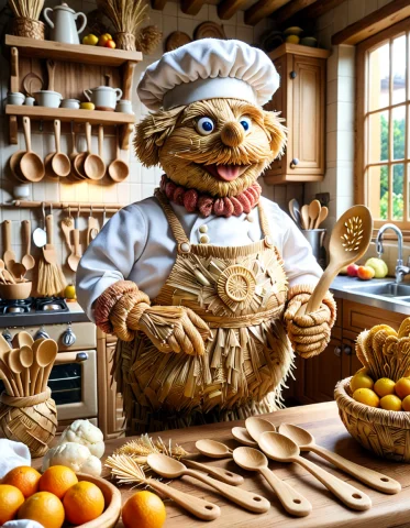 A Swedish Chef , In A Bright Kitchen, Holding Spoons Entirel... — SDXL AI Prompt: A Swedish Chef , in a bright kitchen, holding spoons entirely made of straw, laz...