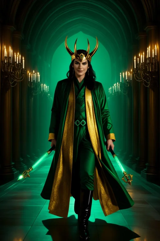Loki Walking Confidently Through An Asgardian Hall, Green An...